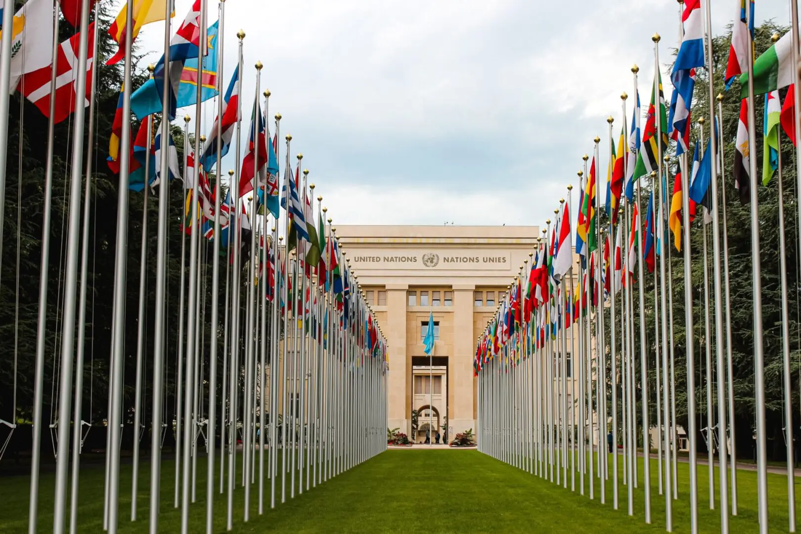 Flags of different countries lined up in front of the United Nations building