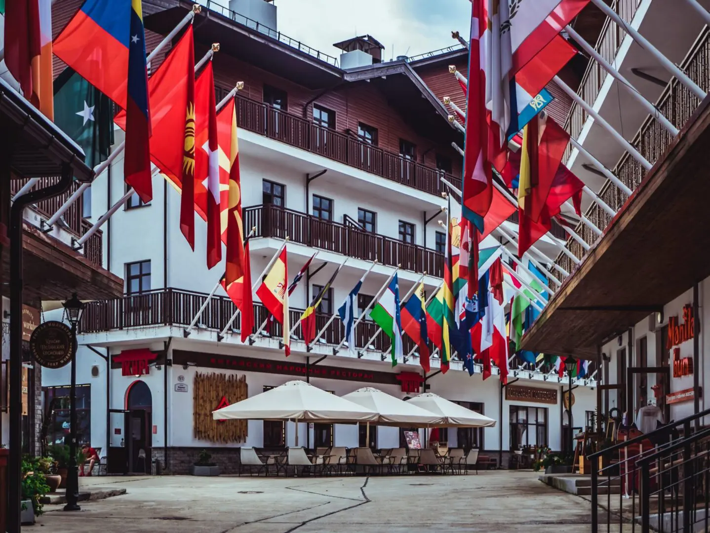 Different flags installed on various establishments